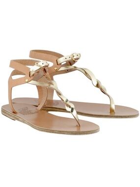 Ancient Greek Ismene Natural Platinum Metallic Leather Twist T-Strap Sandals 39